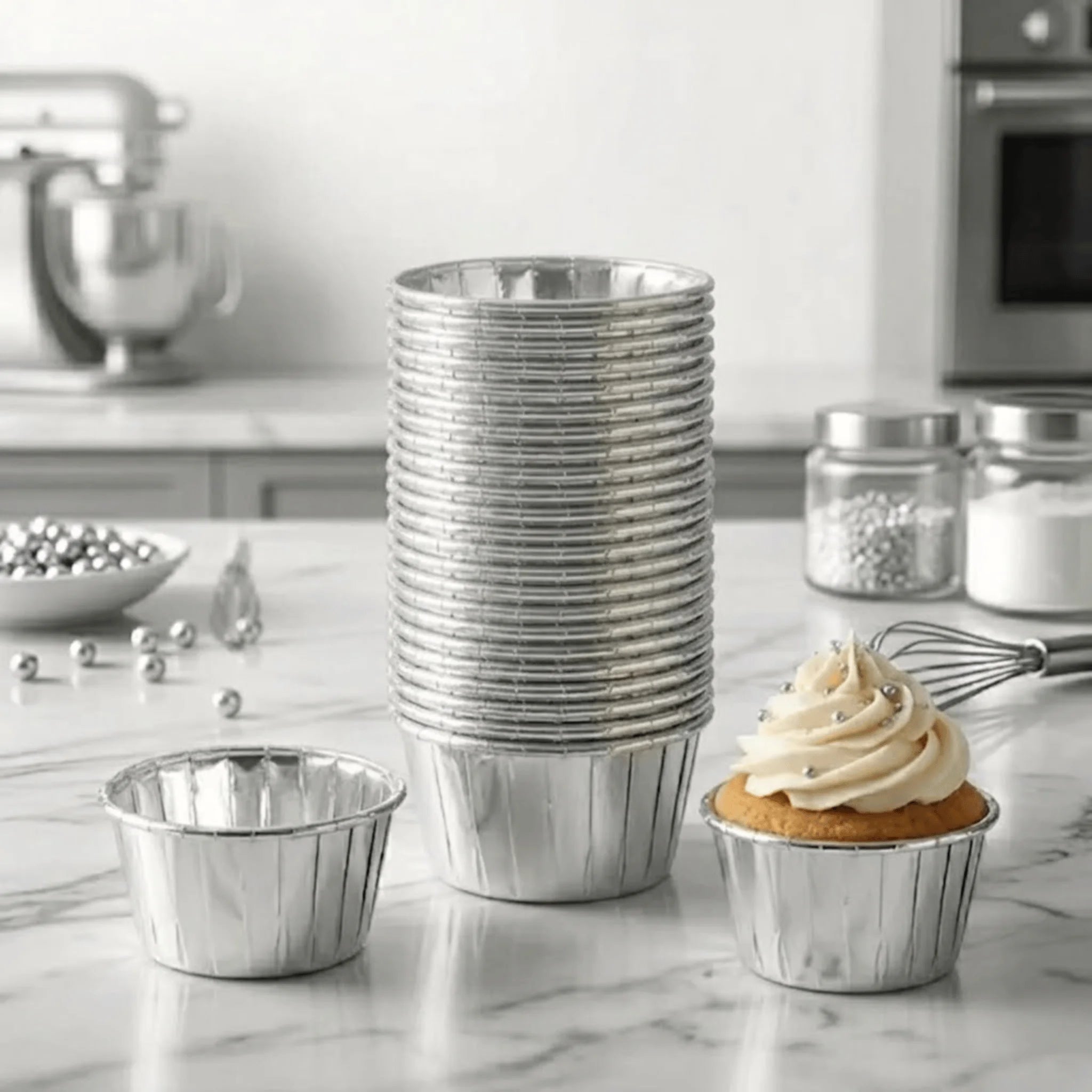 Silver Metallic Foil Cupcake Muffin Liners 50Pcs | Baking & Dessert Cups
