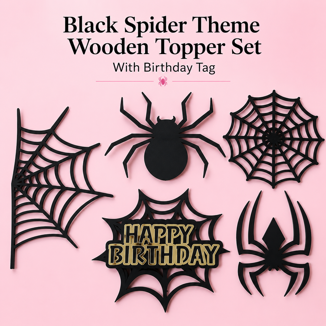 Black Spider-Man Theme Wooden Topper with Birthday Tag