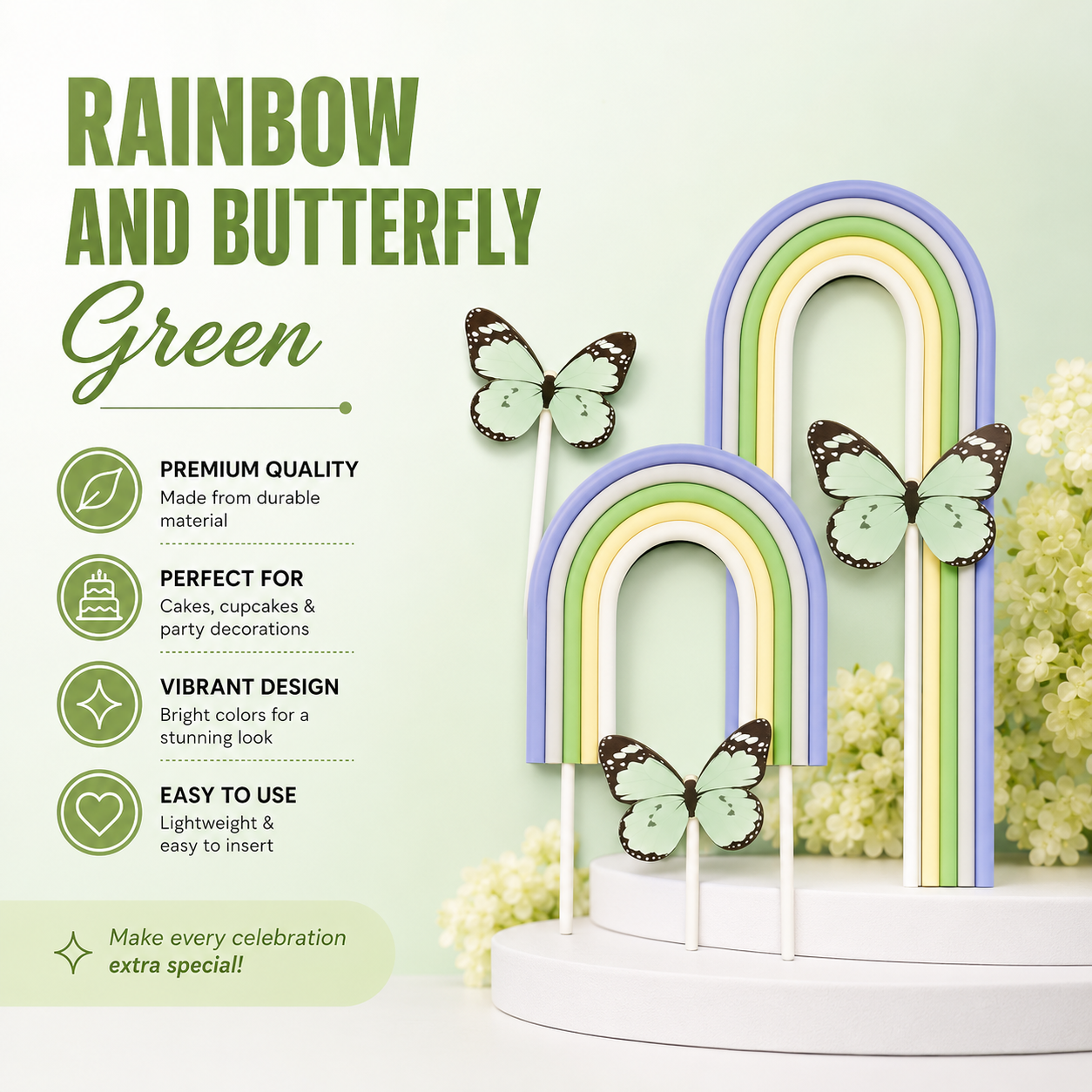 Rainbow & Butterfly Green Topper Set | Cake Decoration