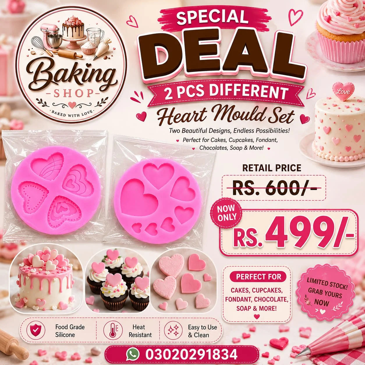 Special Deal 2Pcs Heart Style Silicone Mould Set | Fondant, Chocolate & Cake Decorating Mold