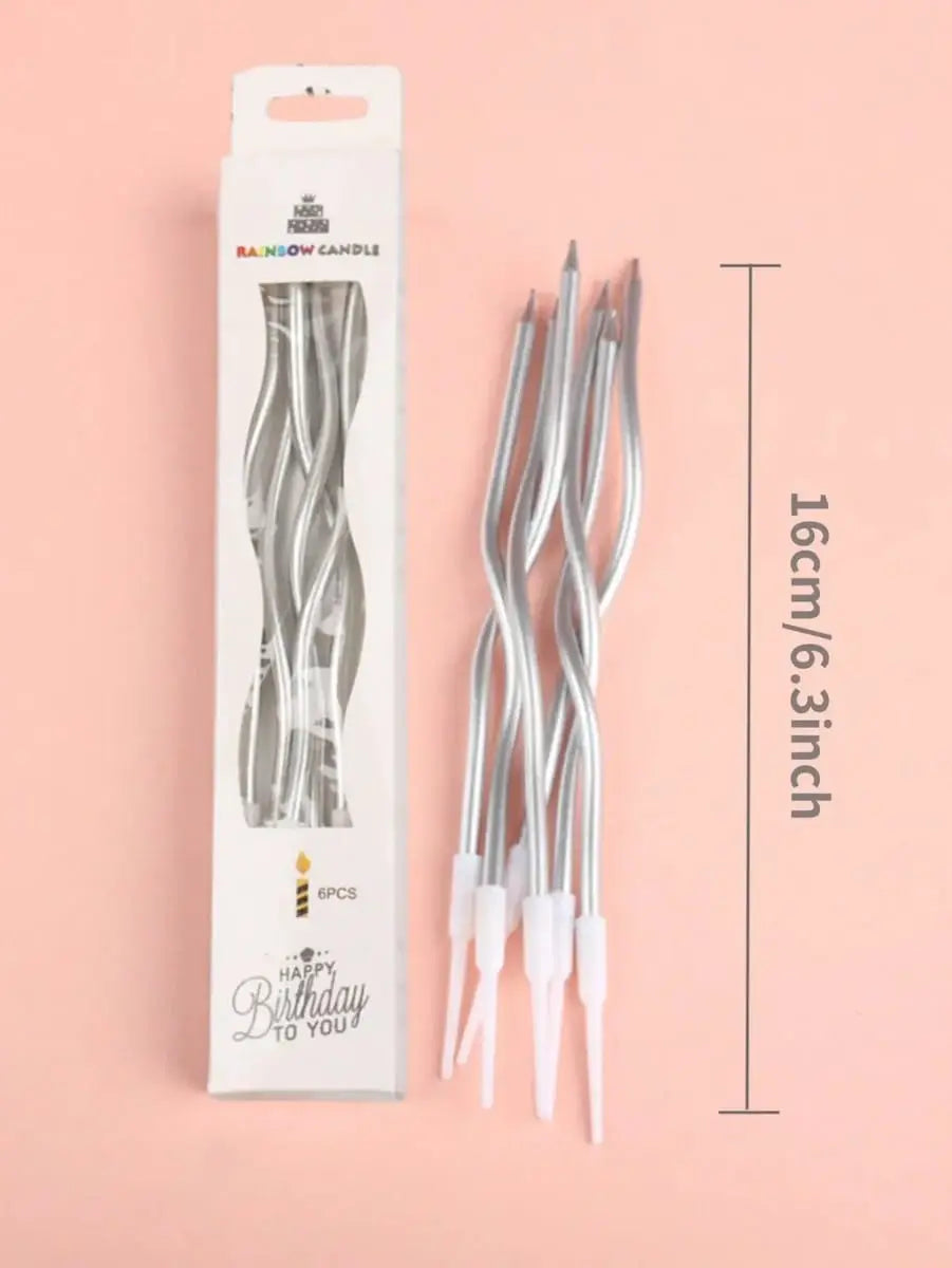6 Pcs Silver Curve Candles for Birthday Cake Decoration
