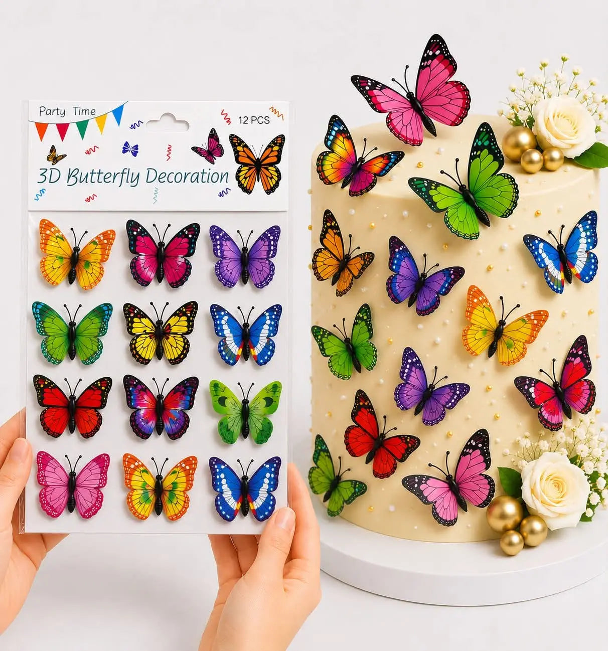 3D Multicolour Butterfly Cake Toppers – Pack of 12 Pieces