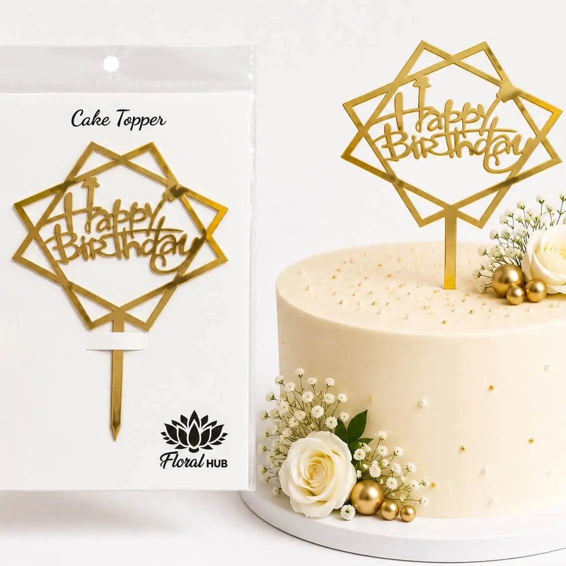 Happy Birthday Square Acrylic Cake Topper | Premium Birthday Cake Decoration