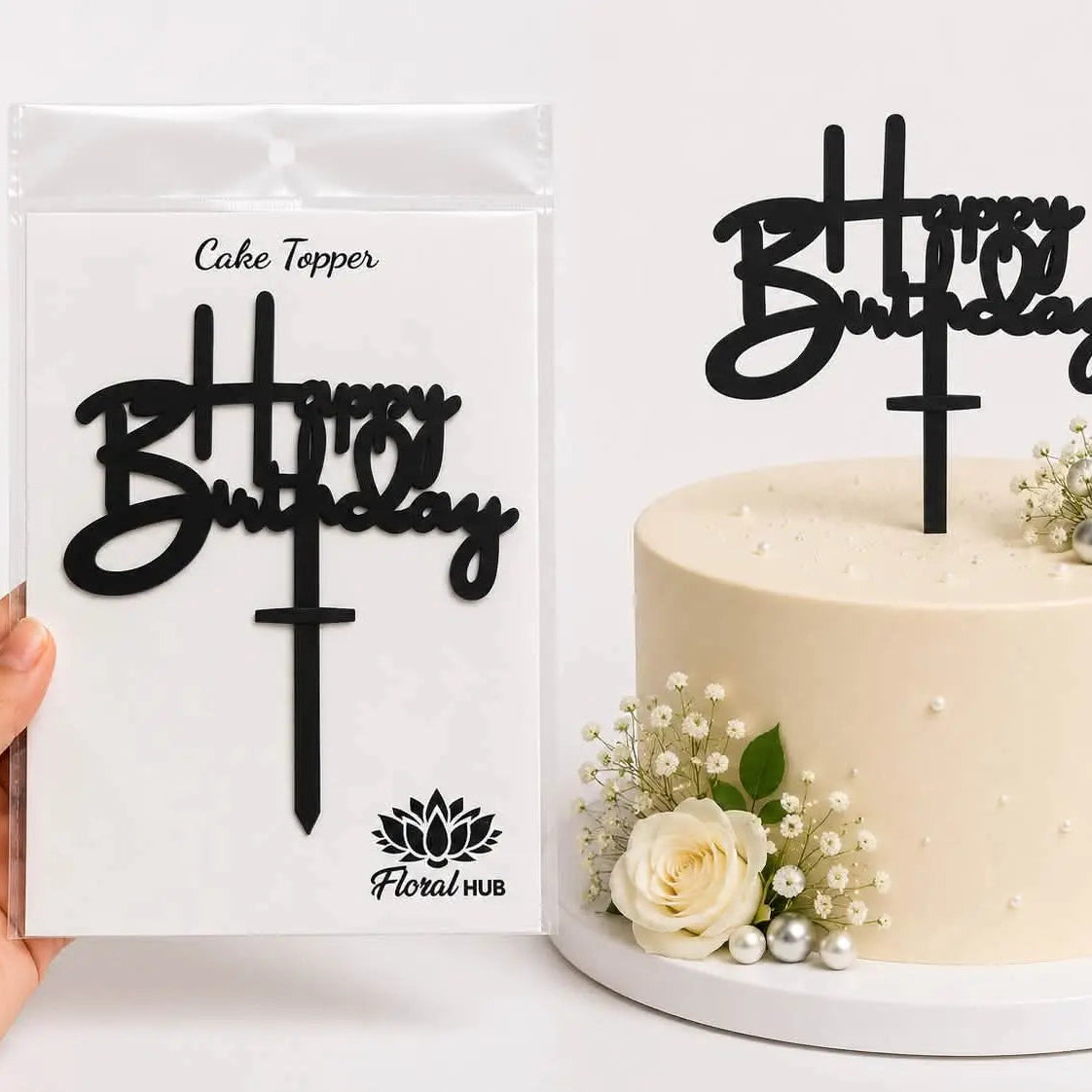Happy Birthday Black Cake Topper | Premium Birthday Cake Decoration