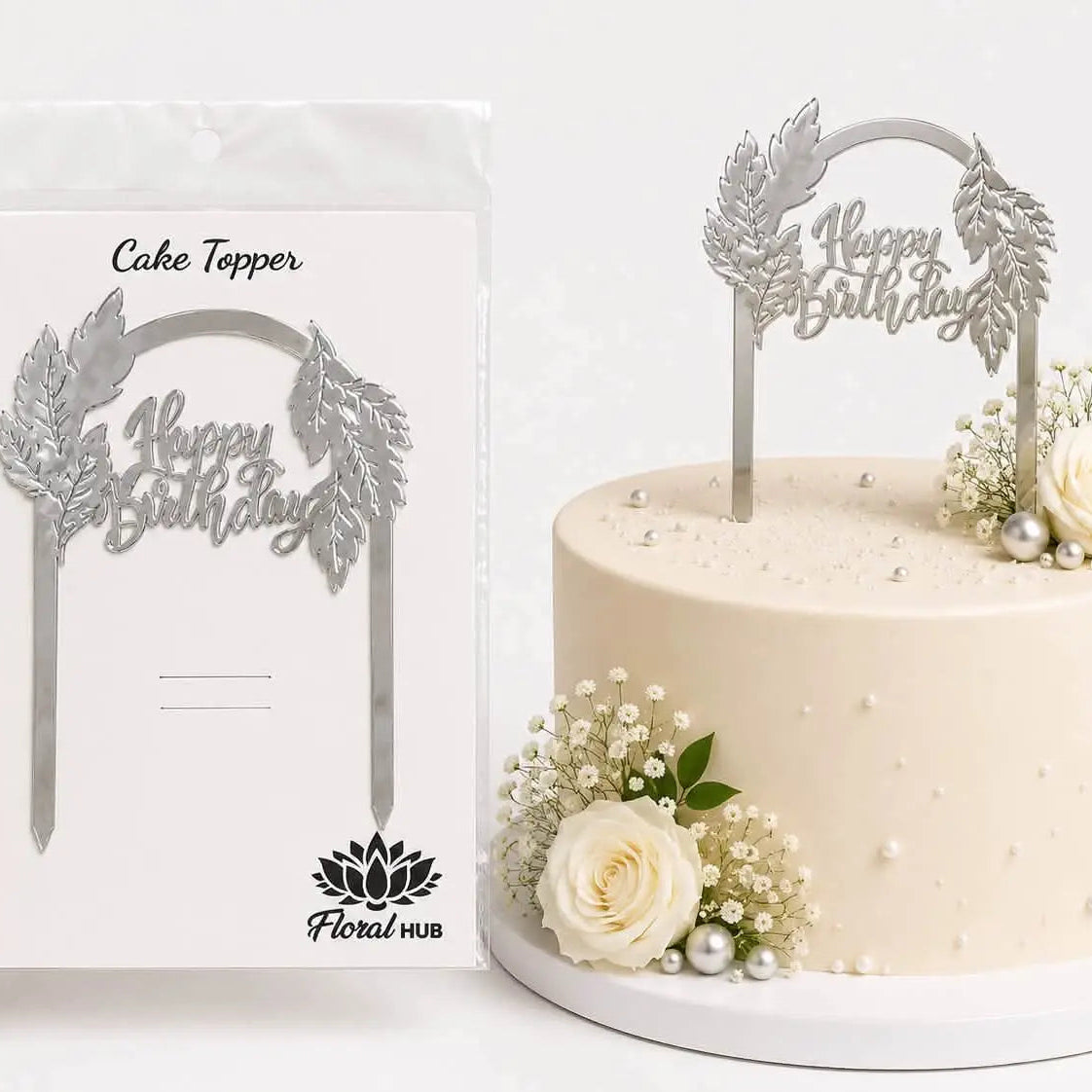 Happy Birthday Silver Acrylic Cake Topper | Premium Birthday Cake Decoration