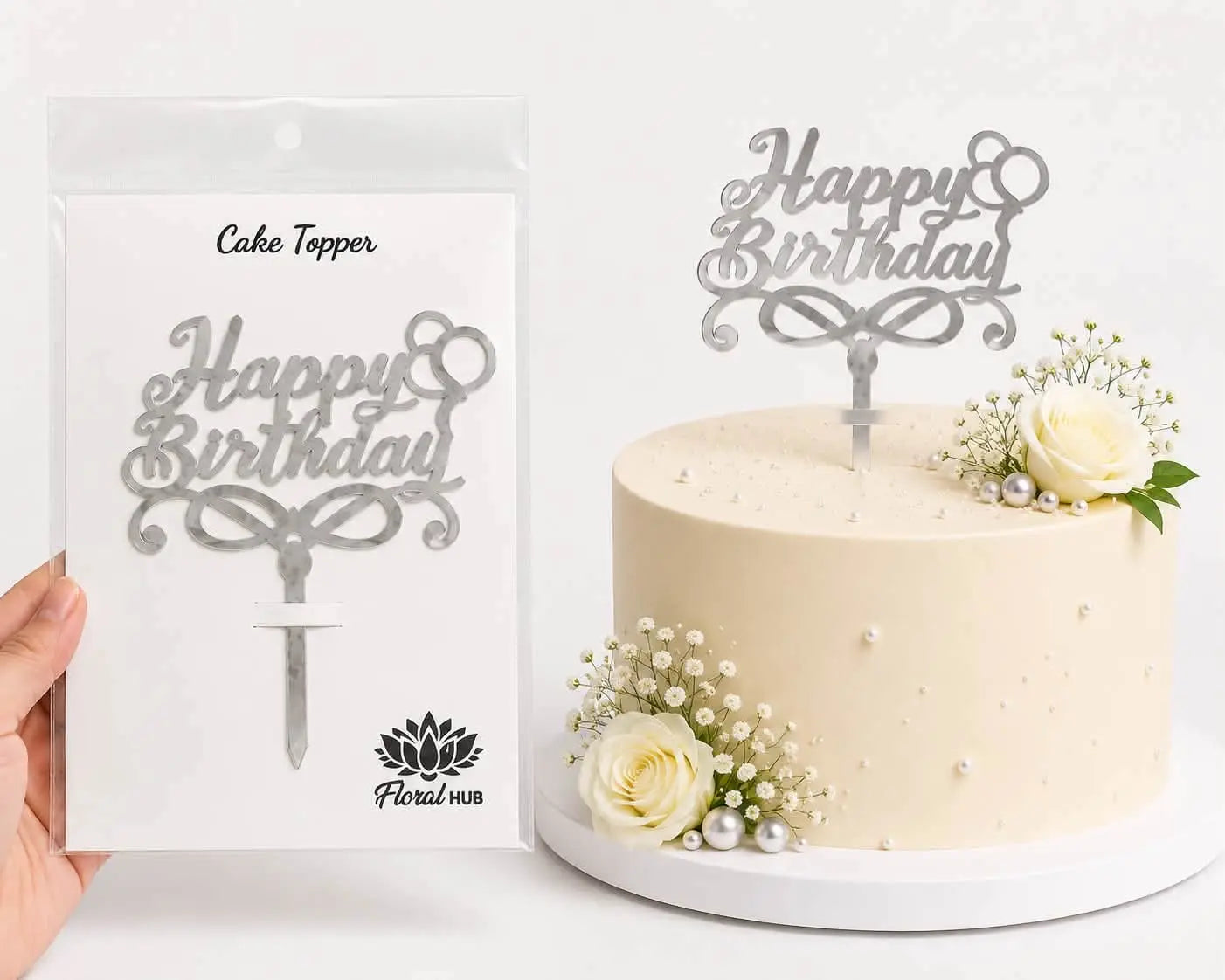 Happy Birthday Acrylic Silver Cake Topper | Premium Mirror Silver Cake Decoration