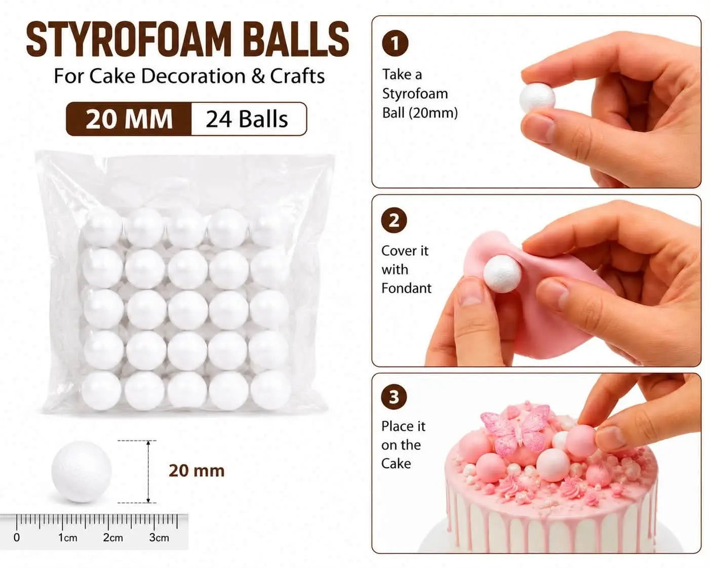 20mm Styrofoam Balls for Cake Decorating (Pack of 24 Balls) | Decorative Foam Balls
