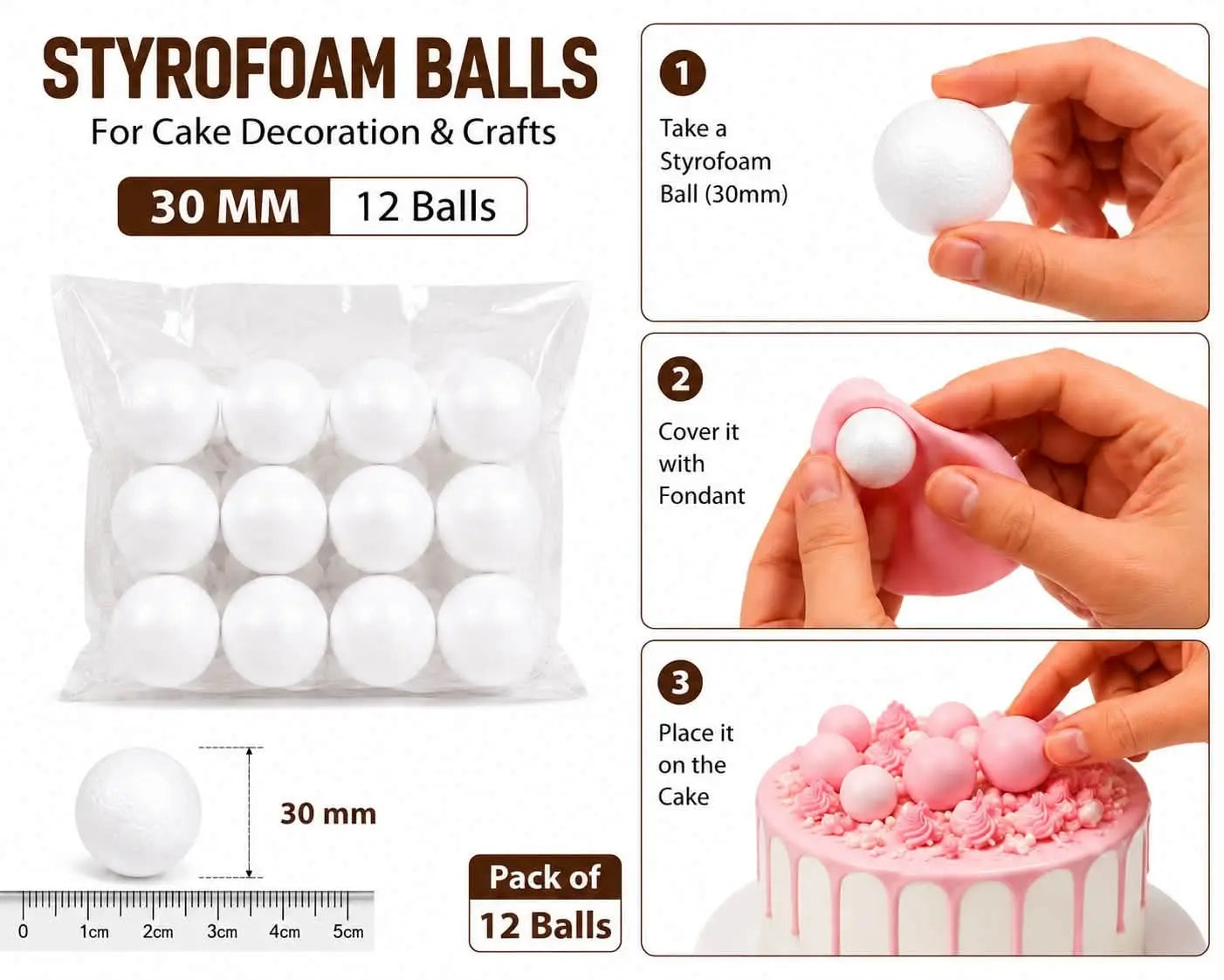 30mm Styrofoam Balls for Cake Decorating (Pack of 12 Balls) | Decorative Foam Balls