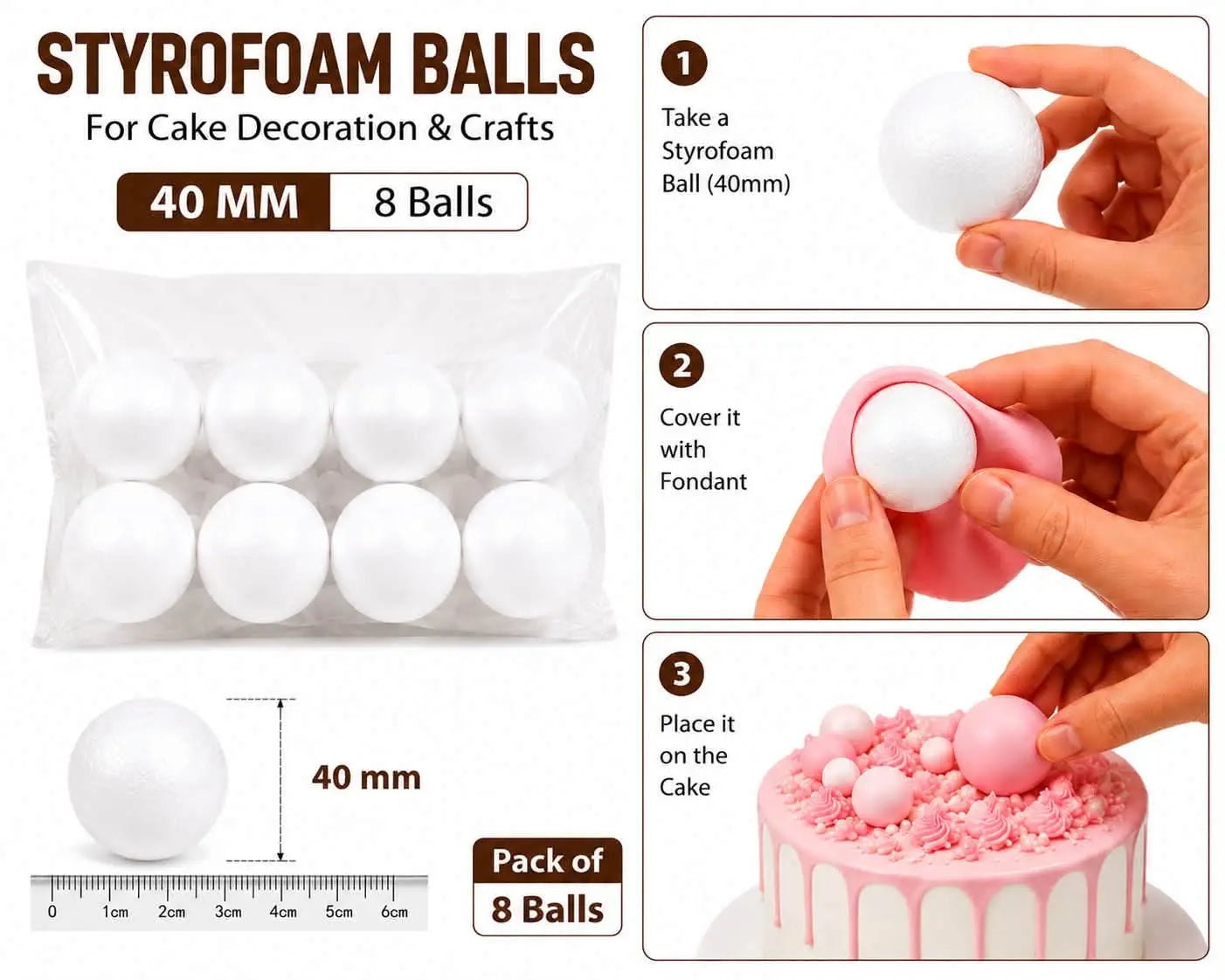 40mm Styrofoam Balls for Cake Decorating (Pack of 8 Balls) | Decorative Foam Balls