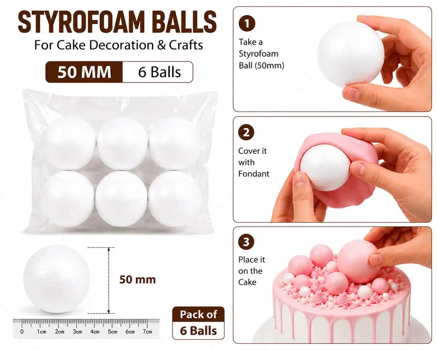 50mm Styrofoam Balls for Cake Decorating (Pack of 6 Balls) | Decorative Foam Balls