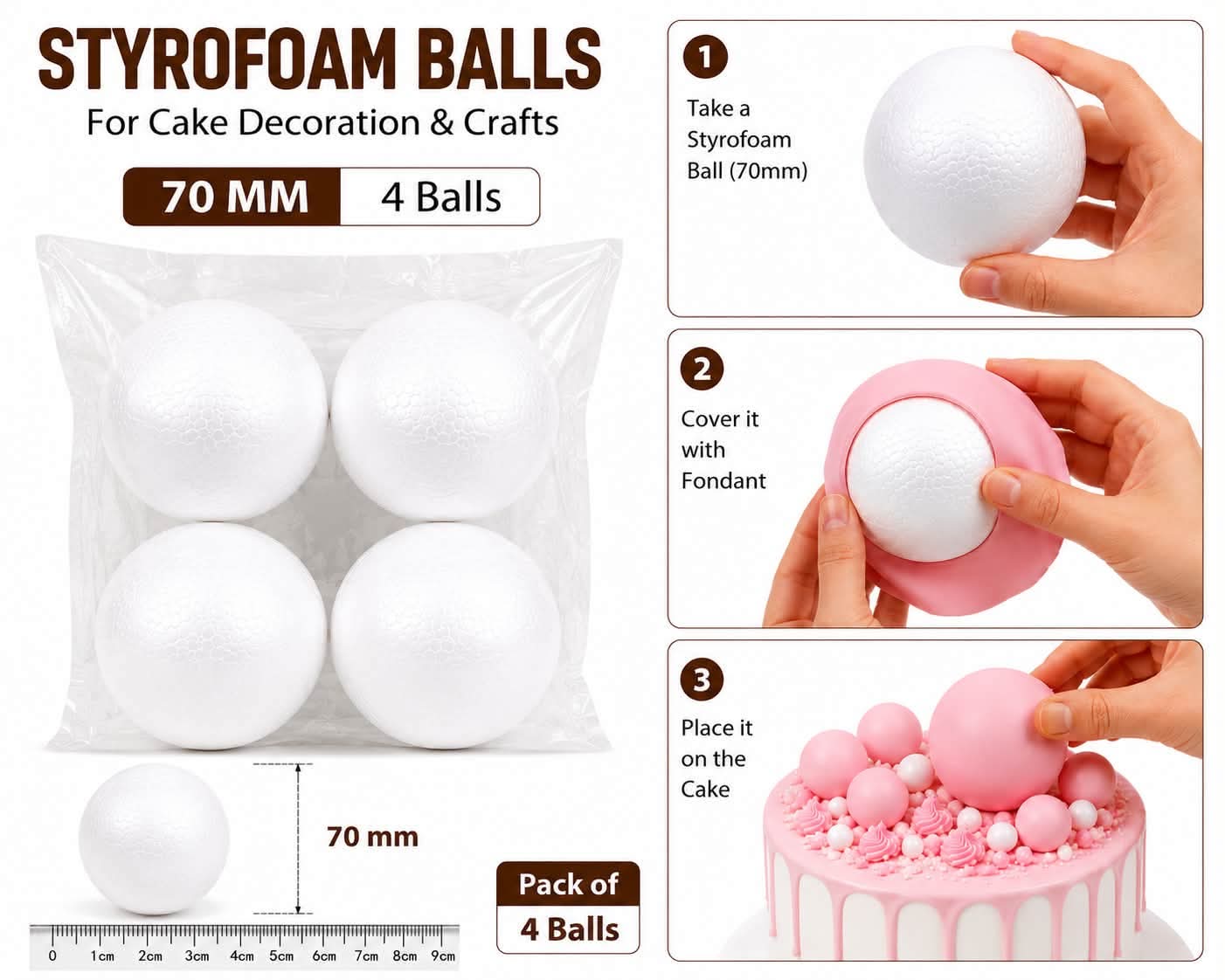 70mm Styrofoam Balls for Cake Decorating – Pack of 4