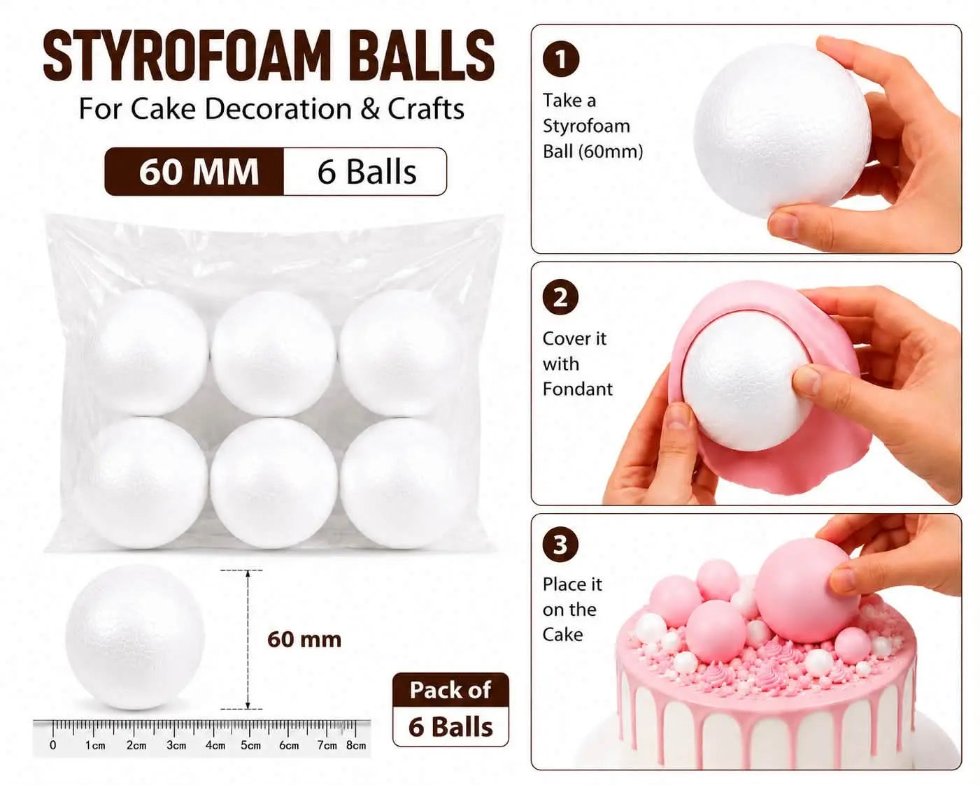 60mm Styrofoam Balls for Cake Decorating (Pack of 6 Balls) | Decorative Foam Balls
