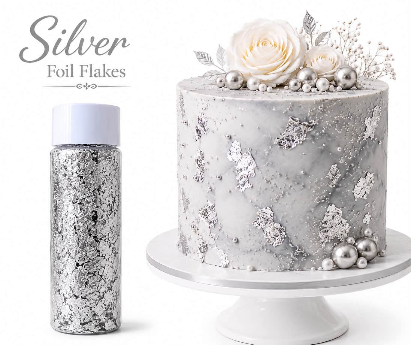 Silver Foil Flakes (Big Jar) | Premium Edible Silver Leaf Flakes for Cake Decorating
