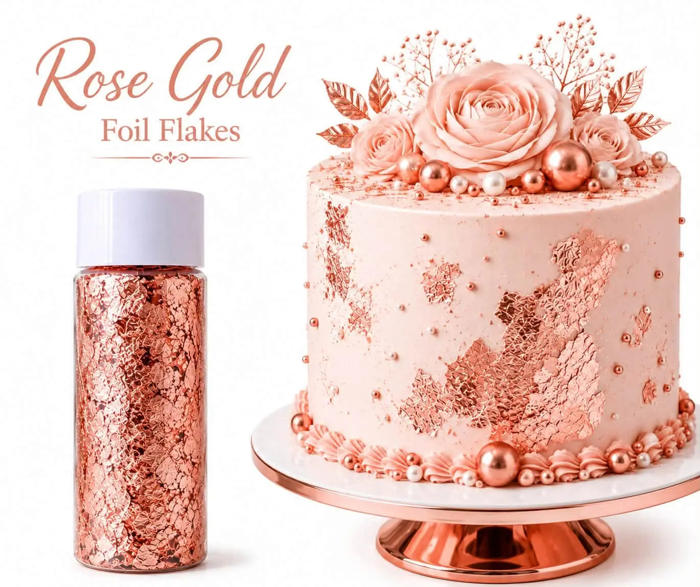 Rose Gold Foil Flakes (Big Jar) | Premium Edible Rose Gold Leaf Flakes for Cake Decorating