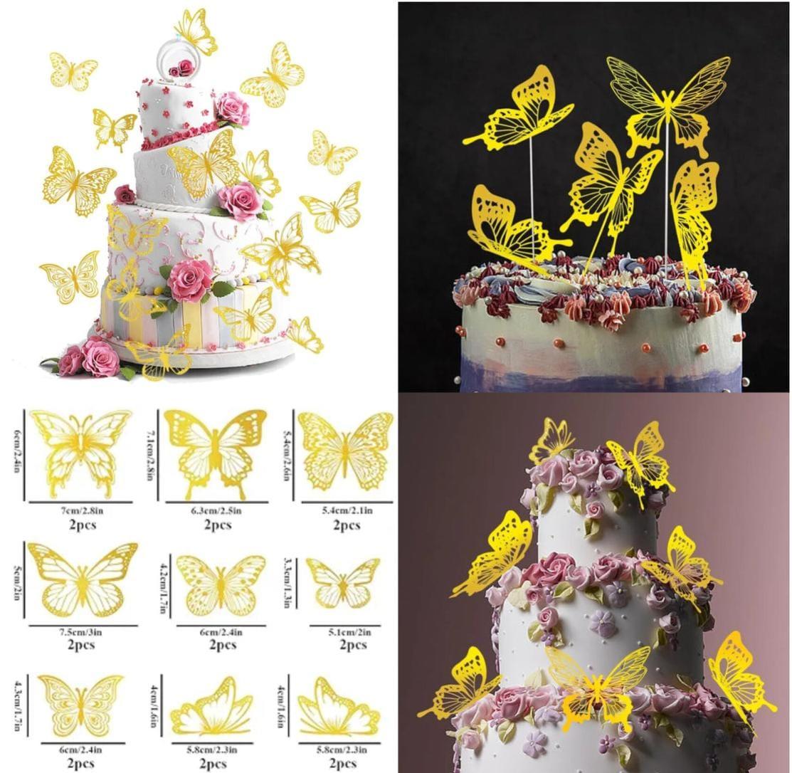 3D Golden Butterfly Cake Decorations – Pack of 12 Pieces