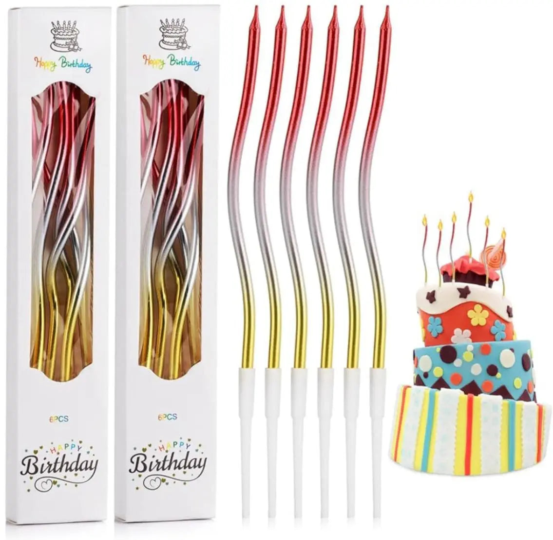6-Piece Double-Shade Curved Candles for Birthday Cake Decoration