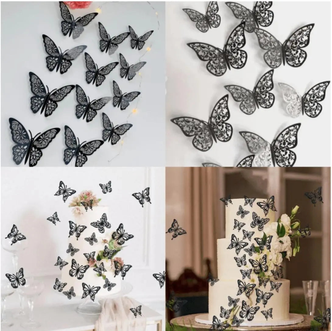 3D Black Butterfly Cake Decorations – Pack of 12 Pieces