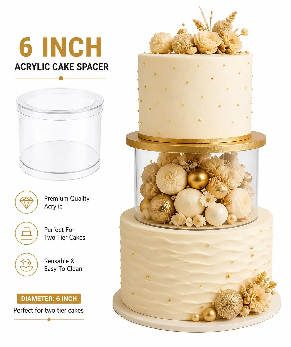 Acrylic Cake Spacer 6 Inch | Clear Cake Separator for Tiered Cakes