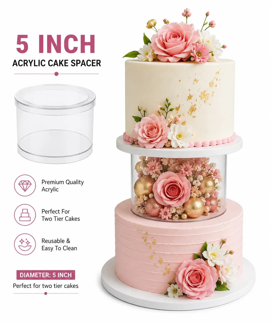 Acrylic Cake Spacer 5 Inch | Clear Cake Separator for Tiered Cakes